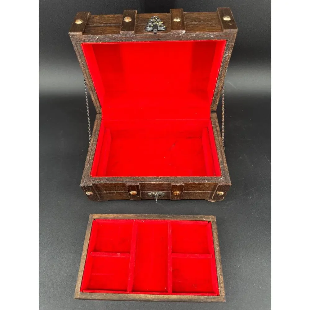 Vintage Wood Treasure Chest Jewelry Box Red Velvet Tray Pirate Gothic 7.25